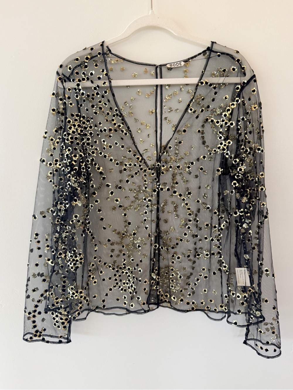 BODE Sheer Fête Top Mesh Gold Foil Appliqué Blouse Black Size 10 - Picture 4 of 12
